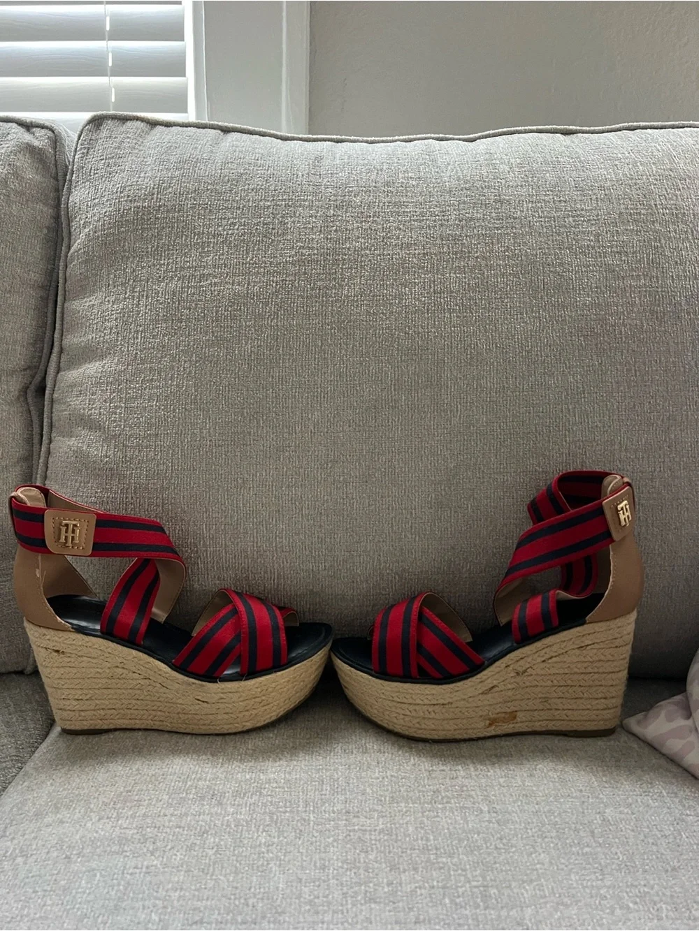 Tommy Hilfiger Red and Black Striped Espadrille Wedge Sandals